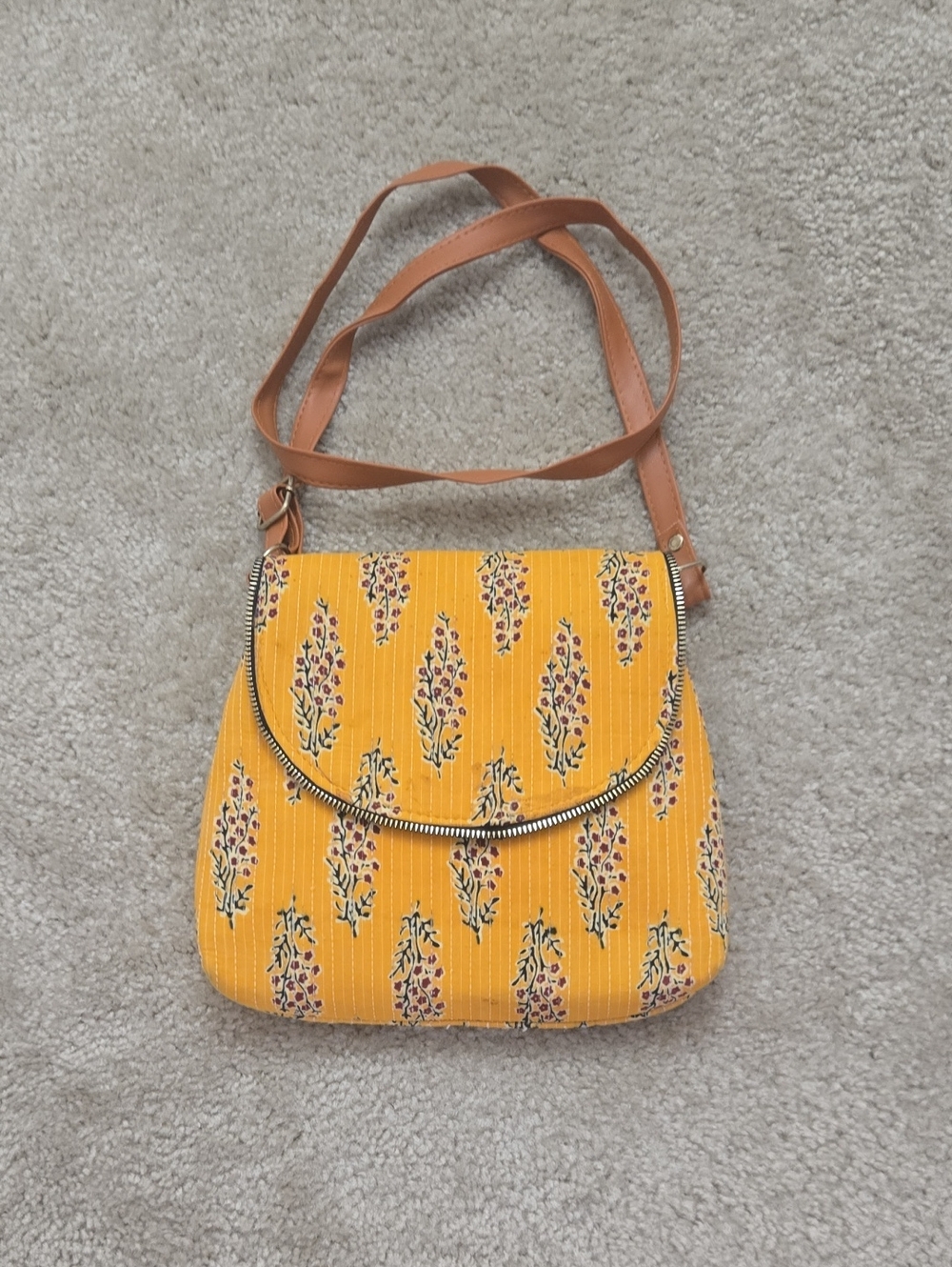 Boho Crossbody Bag - Yellow with purple flowers And Vegan Leather Brown Strap